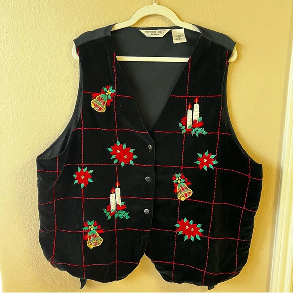 Vintage Victoria Jones Christmas Black Velvet Vest, 100% cotton,  size 22 - Picture 6 of 7